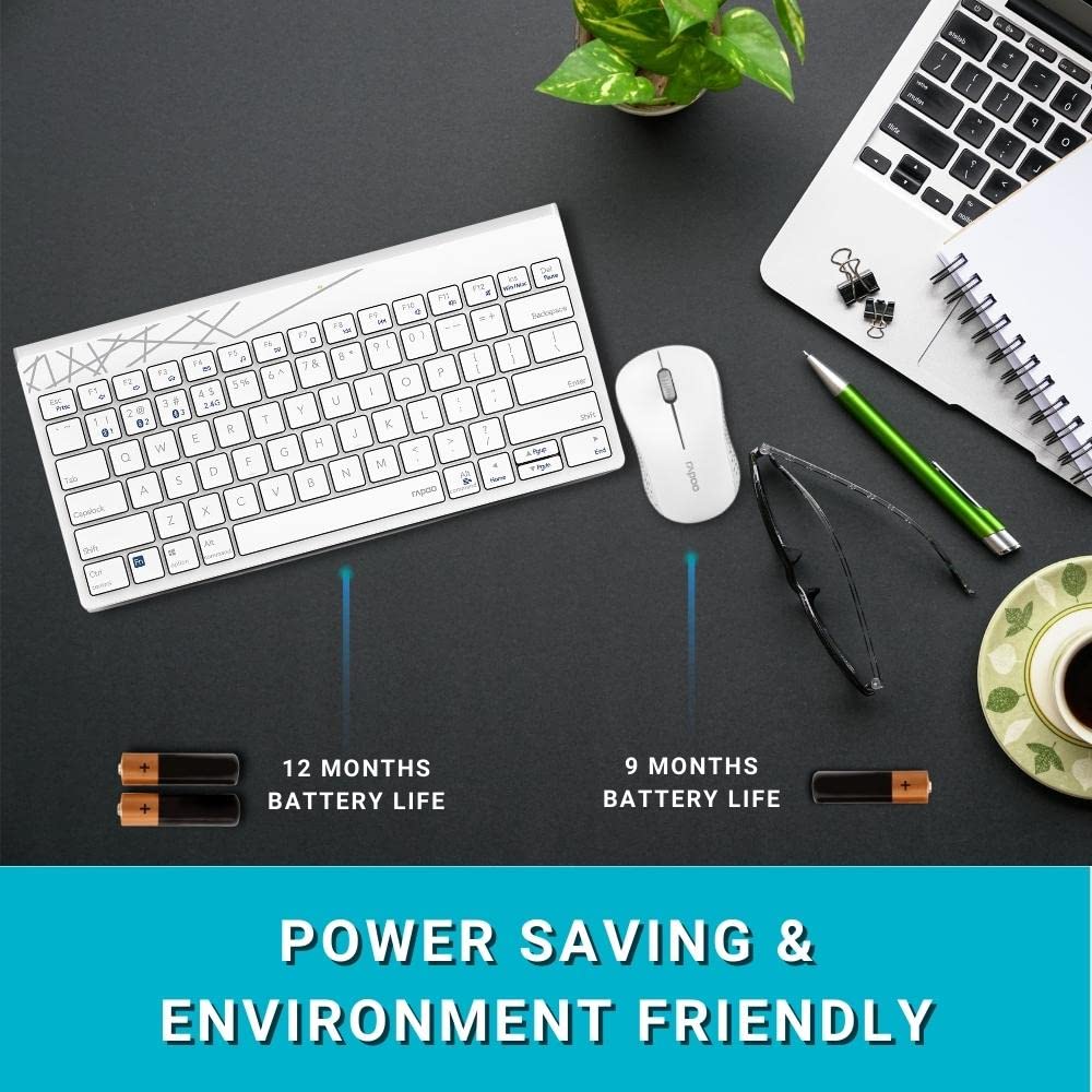 Rapoo 8000M Multi-Mode Keyboard & Mouse Bluetooth 3.0/4.0 Wireless 2.4 GHz 1300 DPI Combo-White