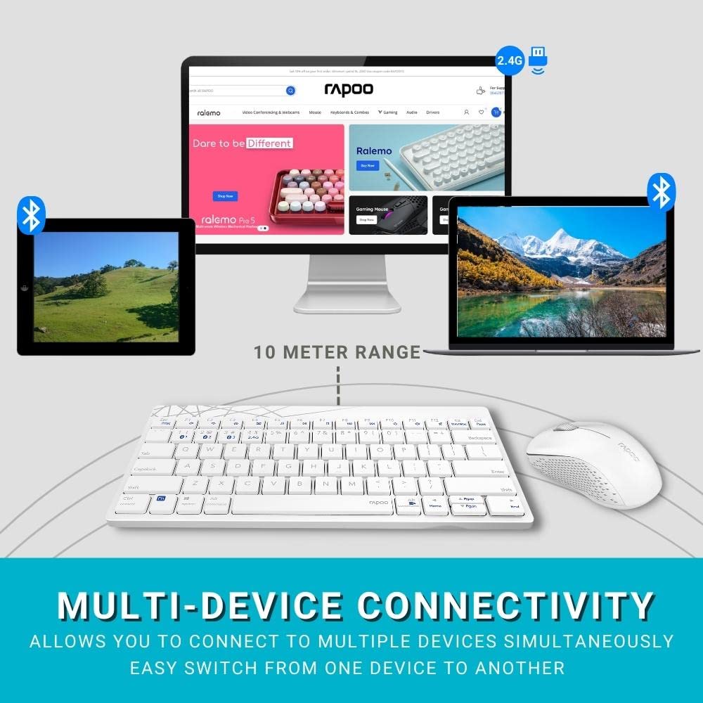 Rapoo 8000M Multi-Mode Keyboard & Mouse Bluetooth 3.0/4.0 Wireless 2.4 GHz 1300 DPI Combo-White
